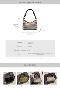 Detailed size specifications and color variants for the striped beaded shoulder bag