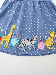 Blue polka dot girls dress with detailed animal forest embroidery on soft cotton fabric