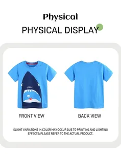 Vue avant et arrière du t-shirt bleu en coton pour garçon avec imprimé requin amusant