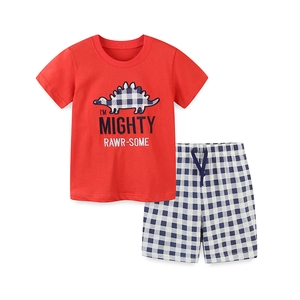 Boys summer two-piece outfit with red stegosaurus t-shirt and blue checkered shorts