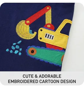 Detail of colorful excavator embroidery on dark blue knitted cotton boy's shorts
