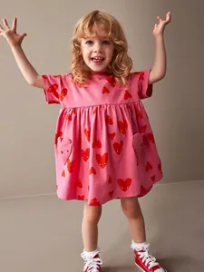 Girls 100% Cotton Short Sleeve Dress Pink Heart Printed Princess Style Summer Casual Dress With Pockets For Kids