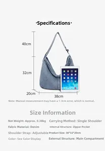 Detaillierte Größentabelle für die Denim Hobo-Bag mit Maßen 38x32x20cm und Tragegurt-Info