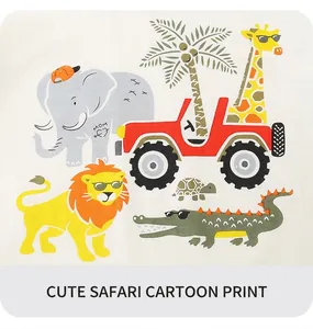 Close-up of white cotton fabric with cute cartoon animals and red off-road vehicle print
