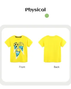 Vorder- und Rückansicht eines gelben Baumwoll-T-Shirts für Jungen mit Fußball-Aufdrucken