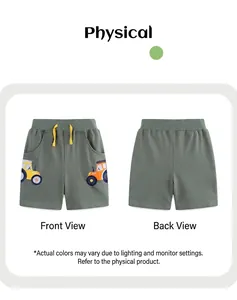 Detail view of olive green boys shorts with tractor embroidery and yellow drawstring