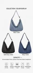 Detailansicht von Jeans-Hobo-Taschen in Hellblau, Schwarz und Marine mit Kapazitätsinfo