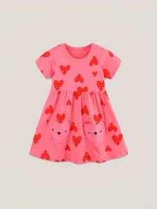 Pink short-sleeve girls princess dress with red heart prints and cute emoji heart pockets