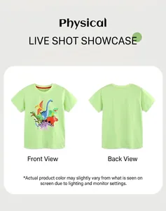 Vues avant et arrière d'un t-shirt enfant vert clair avec motifs de dinosaures colorés