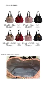 Detail view of the nylon backpack showing internal zipper pocket and color options