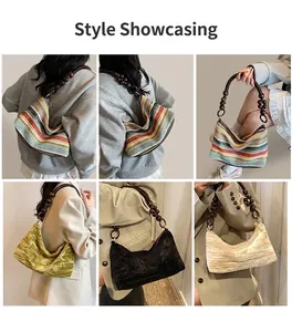 Detail view of retro beaded shoulder bags in various knit and velvet textures
