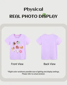 Vue recto-verso du t-shirt en coton lilas pour filles avec imprimés de desserts colorés