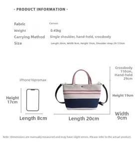 Detailed size chart and specifications for the striped canvas bucket tote bag