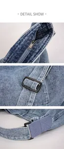 Détails du sac bandoulière en denim bleu avec fermeture éclair et boucle réglable