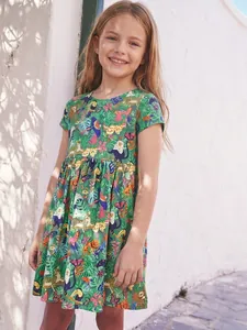 Robe à Manches Courtes en Coton d'été pour Filles Imprimé Animaux Jungle Tropicale Vert Robe de Princesse Décontractée pour Enfants