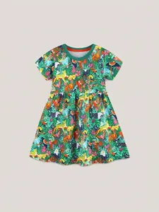 Robe en coton à manches courtes pour filles avec imprimés de jungle tropicale et jupe verte