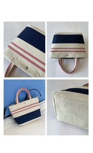 Detail shots of striped canvas beach tote showing metallic snaps and reinforced stitching