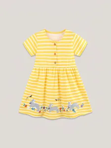 Robe en Coton à Rayures pour Filles Manches Courtes Avec Broderie Lapin Fleur Rayures Jaune Blanc Jupe Princesse Enfants