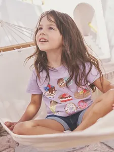 T-Shirt à Manches Courtes pour Fillettes Été en Coton Doux Imprimé Dessert de Dessin Animé Col Rond Top Casual 2-7 Ans