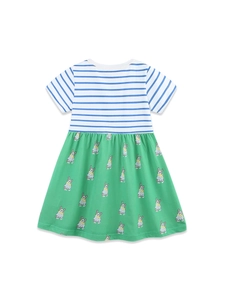 Abito in cotone da bambina con righe blu e gonna verde con stampa di cagnolini