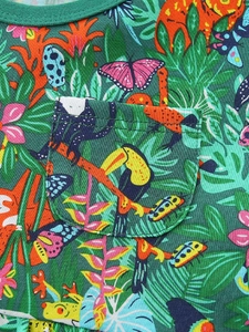 Robe fille manches courtes en coton avec imprimé tropical animaux et feuilles vertes
