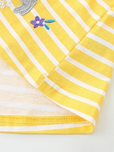 Robe rayée jaune en maille de coton pour fille avec broderie d'animaux de dessin animé