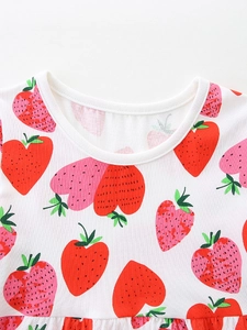 Prinsessenjurk met korte mouwen voor meisjes met aardbeienprint en ronde halslijn