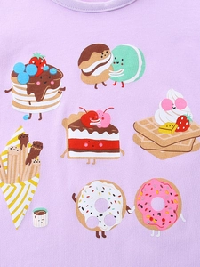 T-shirt fille en coton violet clair avec imprimés de desserts de dessins animés