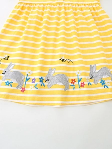 Robe rayée jaune pour filles en coton avec broderie de lapin et d'abeille mignonne