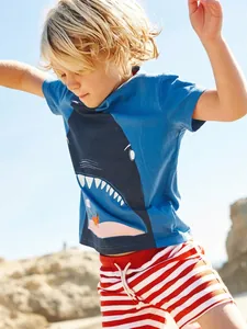 T-shirt pour Enfants Garçons en Coton avec Impression Requin Été Manches Courtes Col Rond Top Graphique Décontracté Bleu