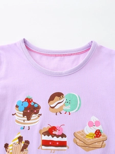 T-shirt fille en coton violet clair avec imprimés gourmands mignons et col rond