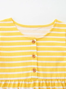 Robe d'été à rayures jaunes pour fille en coton avec boutons et taille à volants