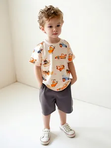 Ensemble Short et T-Shirt à Manches Courtes en Coton d'Été pour Garçons Tenue Décontractée avec Imprimé Véhicules de Dessins Animés