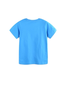 T-shirt manches courtes bleu ciel en coton pour garçon, col rond, vue de dos sur blanc