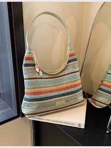 Bohemian Rainbow Striped Woven Tote Bag Large Capacity Straw Shoulder Bag For Women Summer Beach Vacation Handbag With Bead Tassel