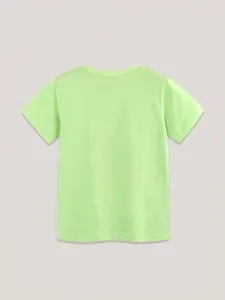 T-shirt garçon vert vif en coton avec col rond classique et vue de dos décontractée