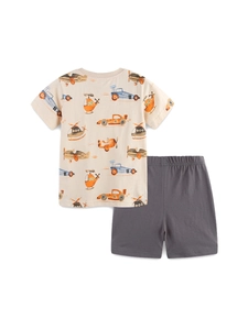 Ensemble d'été en coton pour garçons avec t-shirt imprimé véhicules et short gris doux