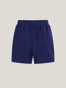 Dark blue boys' knit cotton shorts with wide elastic waistband and animal embroidery
