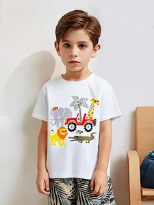 Boys Summer Clothing Set Cotton Short Sleeve Cartoon Animal Printed T-Shirt And Tropical Palm Leaf Shorts Kids Outfit