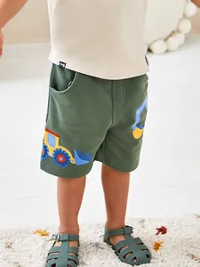 Boys Summer Cotton Casual Shorts Cartoon Construction Vehicle Embroidery Elastic Waist Sports Shorts For Kids 2-7 Years