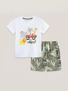 Boys summer cotton set with animal print t-shirt and tropical palm leaf shorts