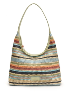 Bohemian rainbow striped woven straw tote bag with green leather handles on white background