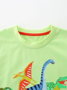 T-shirt vert pour enfants en coton avec imprimés dinosaures et col rond classique