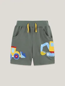 Olive green boys cotton sports shorts with cartoon construction vehicle embroidery