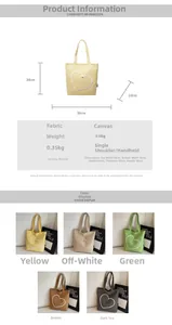 Tableau des tailles et spécifications détaillées du grand sac fourre-tout en toile brodé
