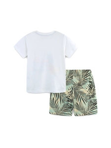 Boys summer cotton set with white t-shirt and tropical palm leaf shorts back view