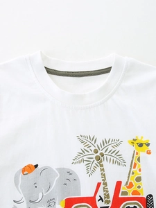 Boys white cotton short sleeve T-shirt with cartoon elephant and giraffe prints