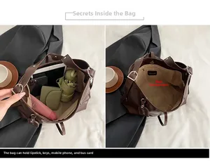 Macro detail of large brown tote bag interior with magnetic clasp and spacious compartments