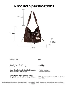 Detailed size guide for dark brown PU leather tote bag with dimensions and strap length