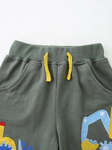 Army green boys shorts with elastic waist and colorful excavator embroidery
